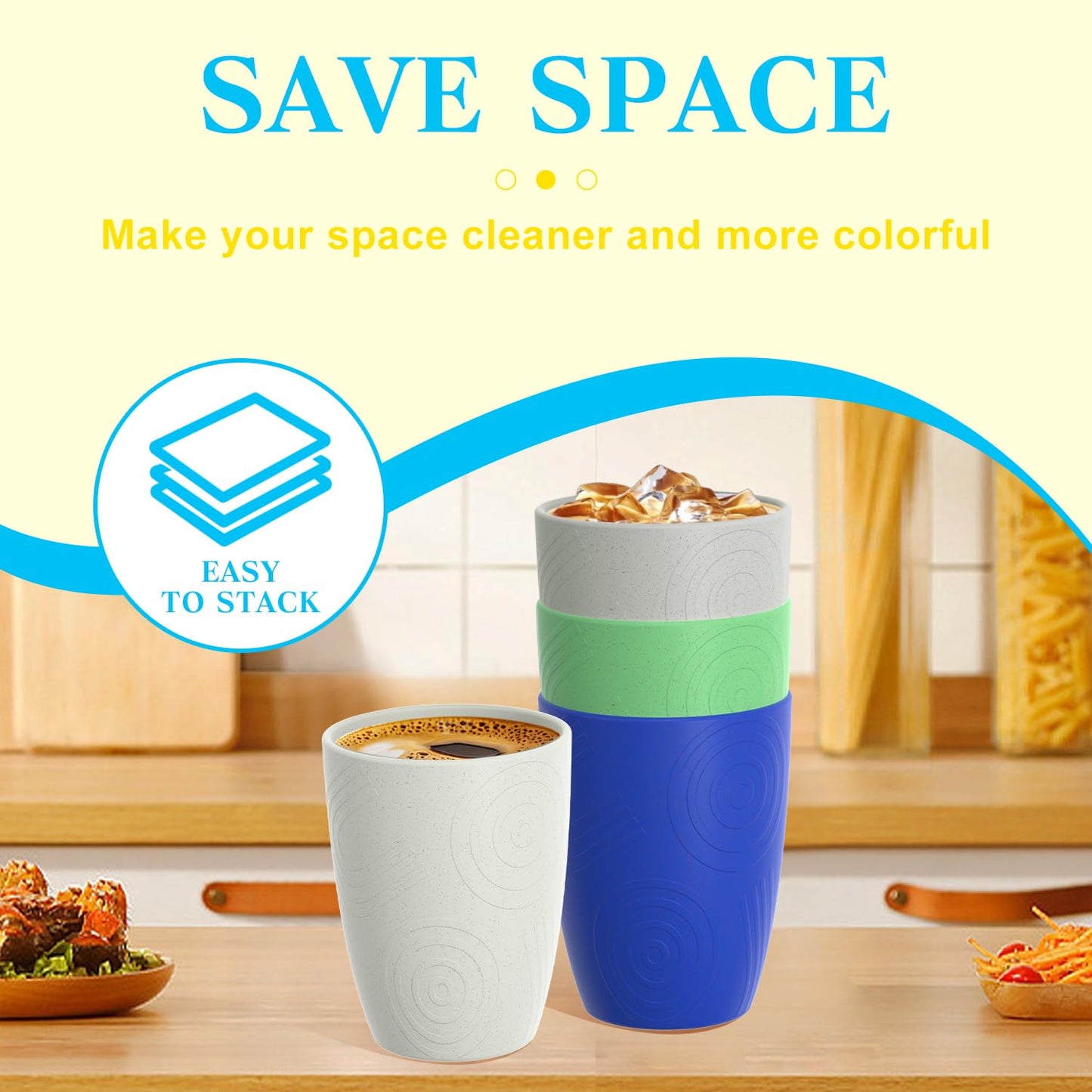 Homienly Drinking Glasses & Everyday Kids Tumblers Wheat Straw Cups 4-Pack Set | Textured Reusable Plastic Cups Essential Kitchen Cups | Dishwasher Safe for Party, Home, Camping (12 oz, Island Color)