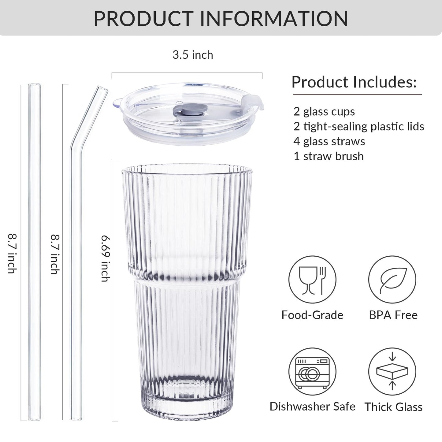 Puraville 2 Pack 20oz Glass Cups with Lids and Straws, Vintage Ribbed Glassware for Whiskey Cocktail Beer, Mason Jar Drinking Glasses Tumbler Iced Coffee Cup