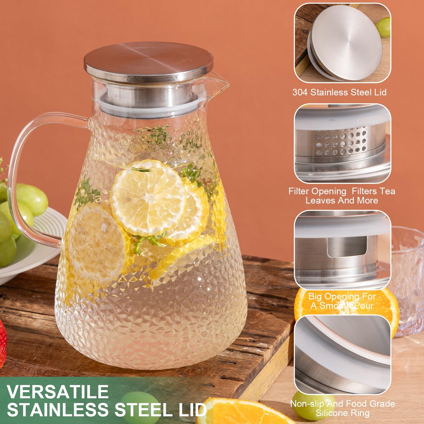 MRZIKPO 1.5 Liter 50 oz Glass Pitcher with Lid and Spout, Glass Carafe for Hot/Cold Water, Large Iced Tea Pitcher for Coffee, Milk,Juice and Homemade Beverage,Iced Coffee, and Container for Drinks
