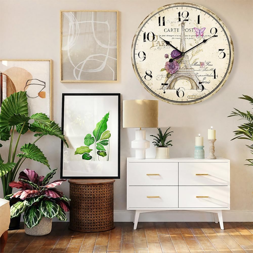 12-Inch Retro Paris Eiffel Tower Wall Clock - Silent Battery Operated Decor for Kitchen & Living Room