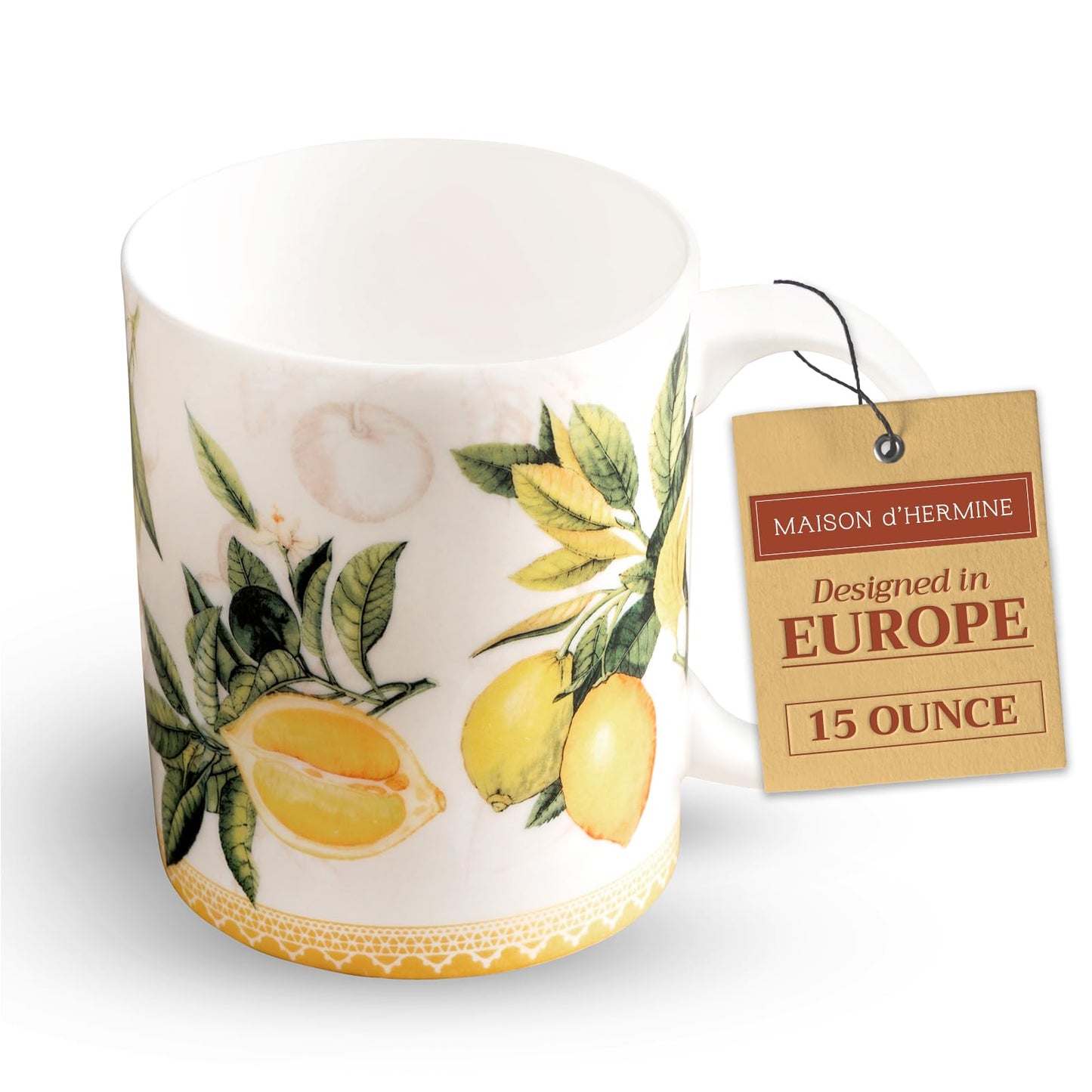 Maison d' Hermine Coffee Mug with Handle Fine Bone China Mugs Pack of One Tea Cups for Hot Beverages Cappuccino Latte Home Restaurant Office Gifts for Mothers day (Limoncello - Verna, 12 Ounce)