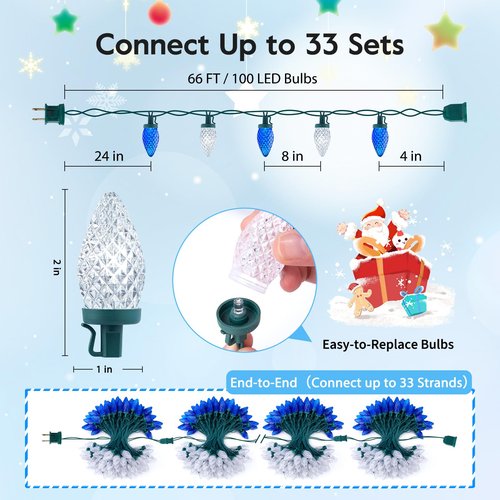 Brightown C9 LED Christmas String Lights, 2 Pack Total 132ft 200LED Outdoor Lights String, Plug-in Connectable Green Wire Lights, Waterproof Roofline Lights String for Outside Yard Christmas Holiday