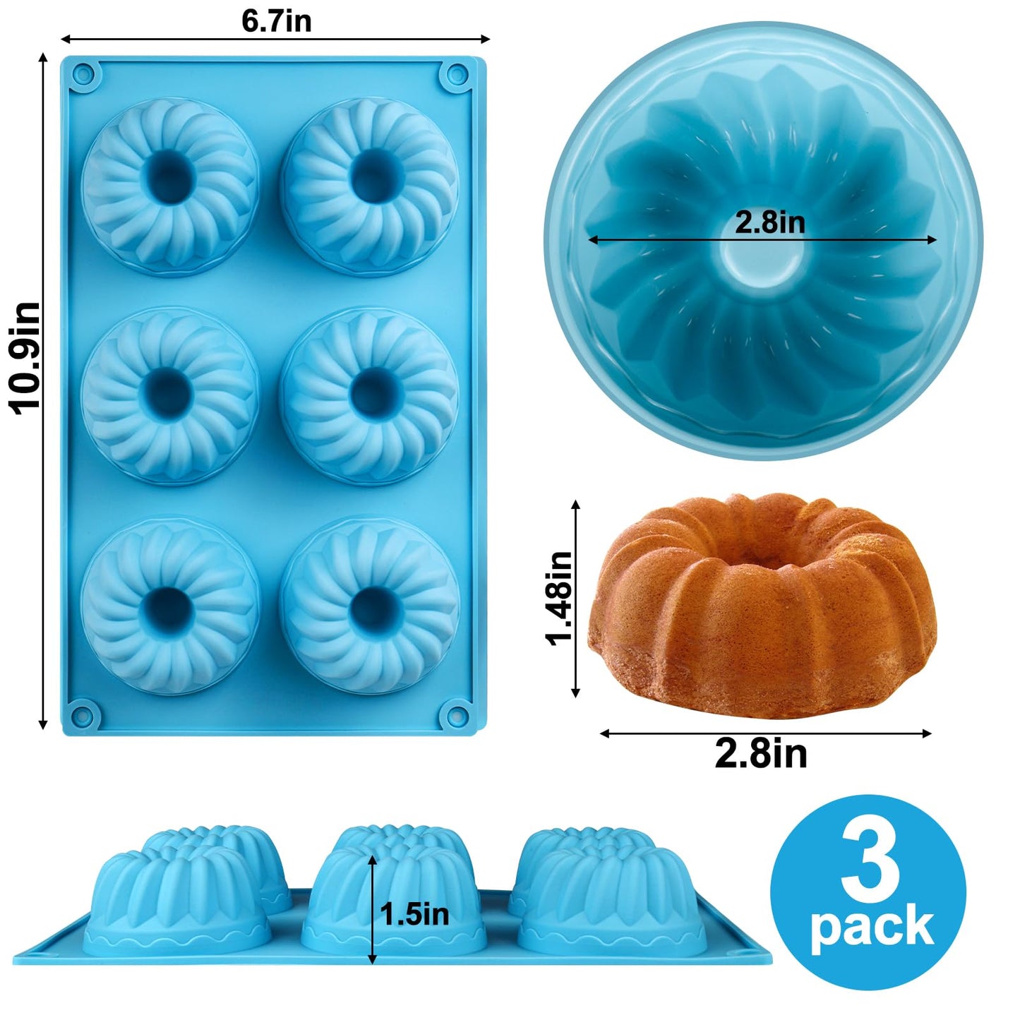Palksky 3PCS 6-Cavity Mini Fluted Tube Pan Silicone Non-Stick Multi-Cavity small Cake Baking Pan, mini moldes para chocoflan