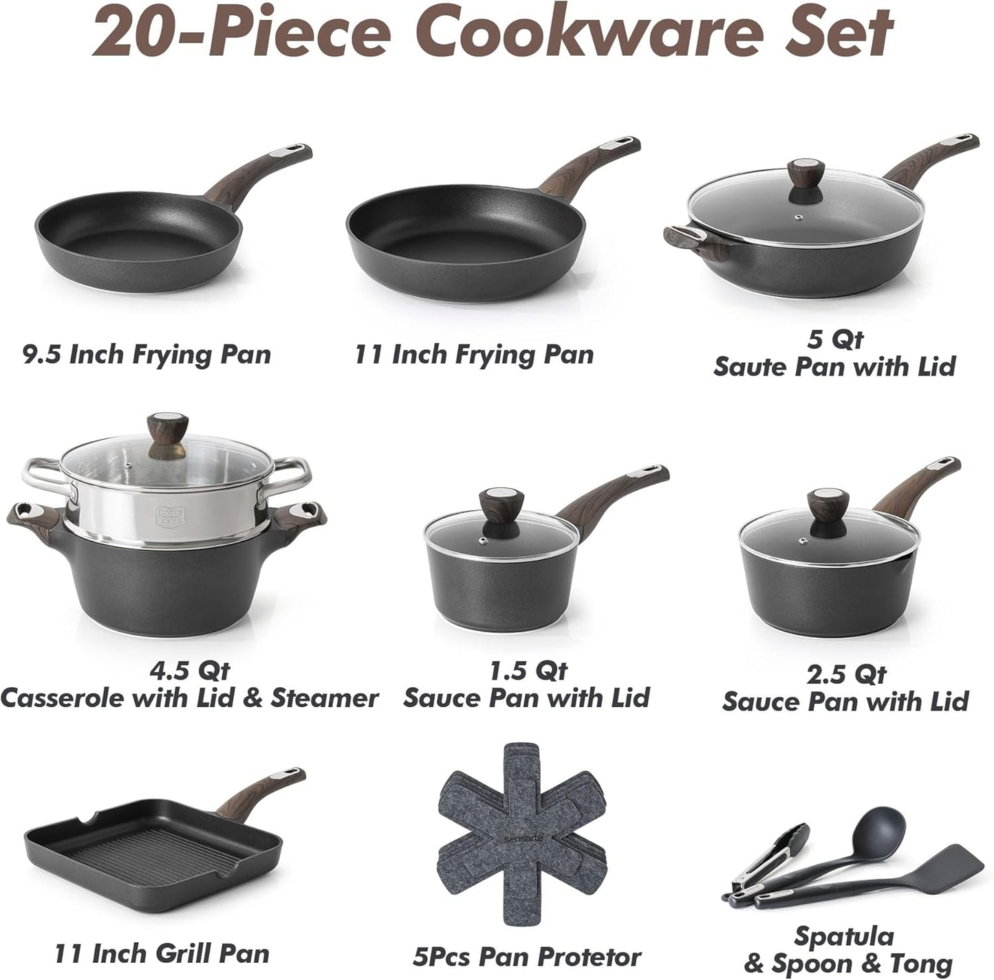 SENSARTE Nonstick Cookware Set - 20 Pcs Induction Pots and Pans | Healthy, PFOA & PFOS Free, Black