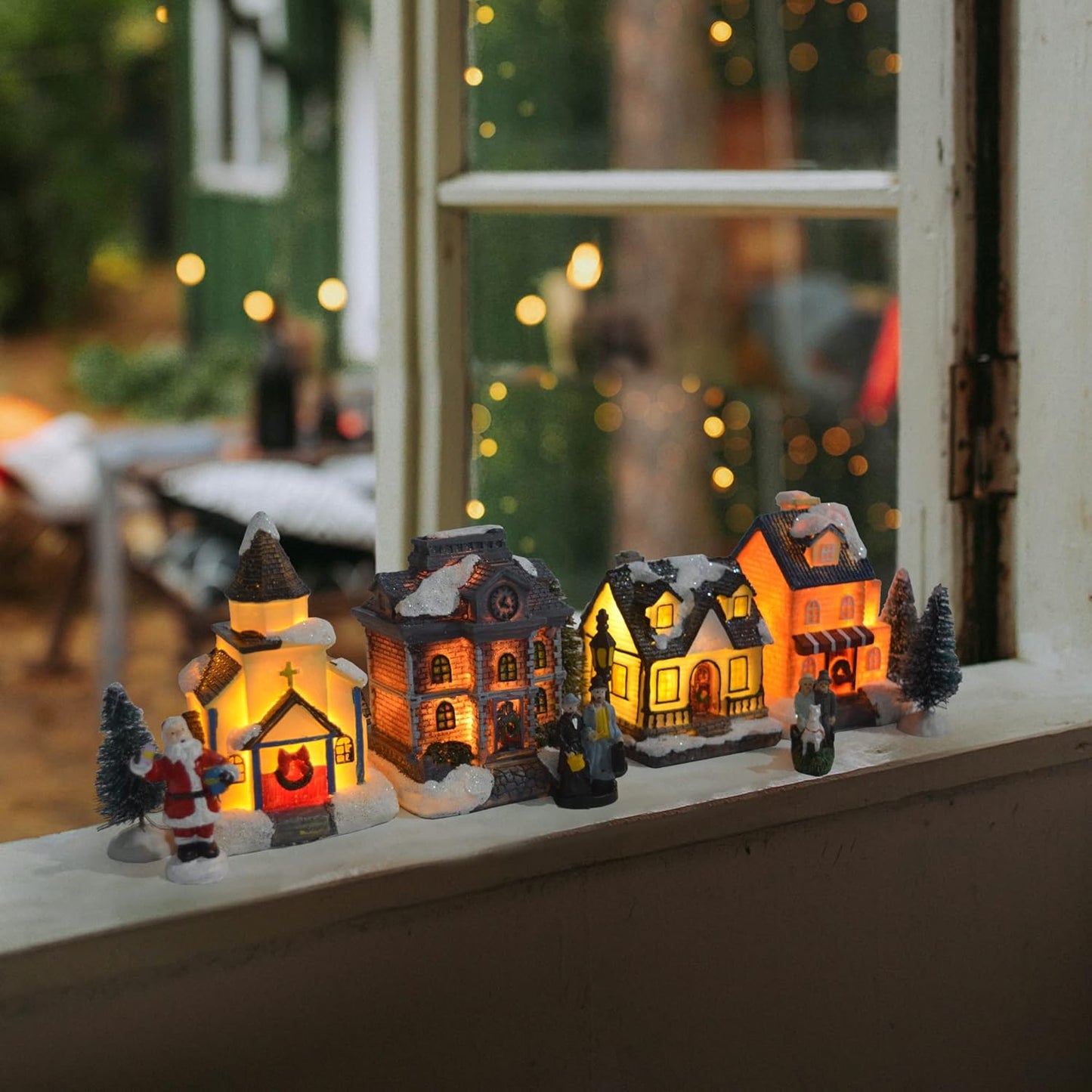 Skiennix Christmas Village Set - LED Lighted Houses with Figurines | Indoor Holiday Decor Collection