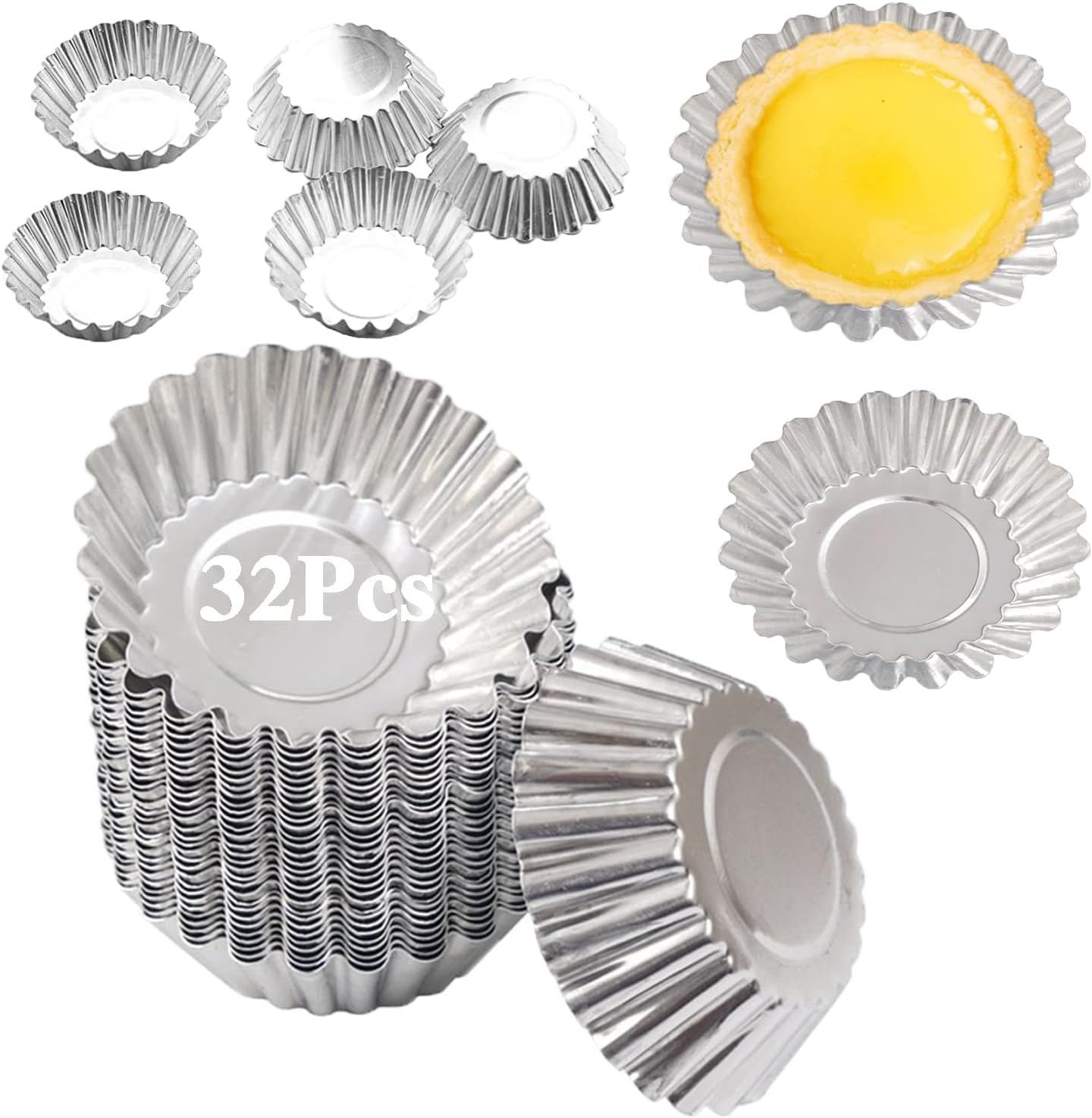 Skiennix Egg Tart Molds - 32-Pack Mini Tart Pans for Baking - 2.75 Inch Aluminum Tins