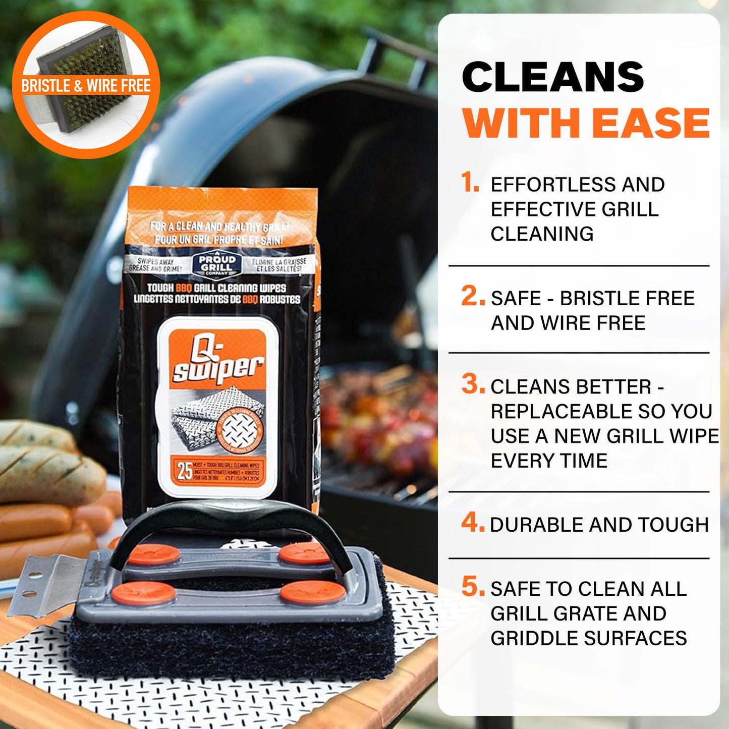 Proud Grill Q-Swiper BBQ Grill Cleaner Set - Bristle-Free Brush & 25 Safe Cleaning Wipes | Perfect for Grease Removal