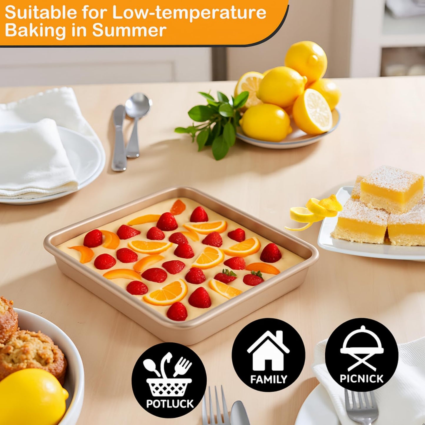 Barlket Square Baking Sheet 11x11 Inch and 9x9 Inch, Heavy Duty Non-Stick Baking Pan 28x28 for Toaster Oven, for Bread, Brownie and Cookie, Heats Evenly and Easy Release, Set of 2, Champagne Gold