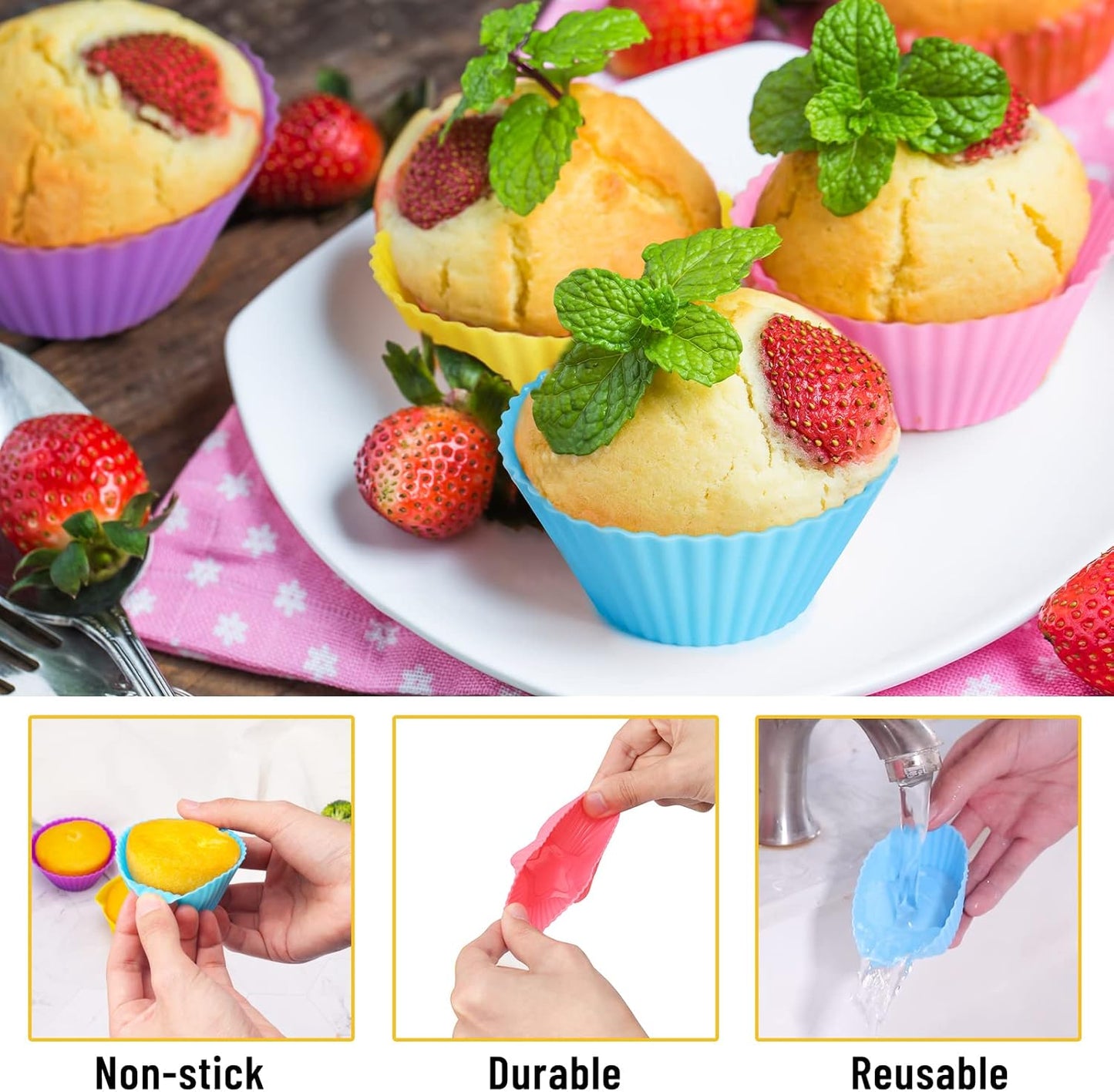 Skiennix Silicone Cupcake Liners - 24Pcs Reusable Nonstick Baking Molds in Fun Shapes for Kids