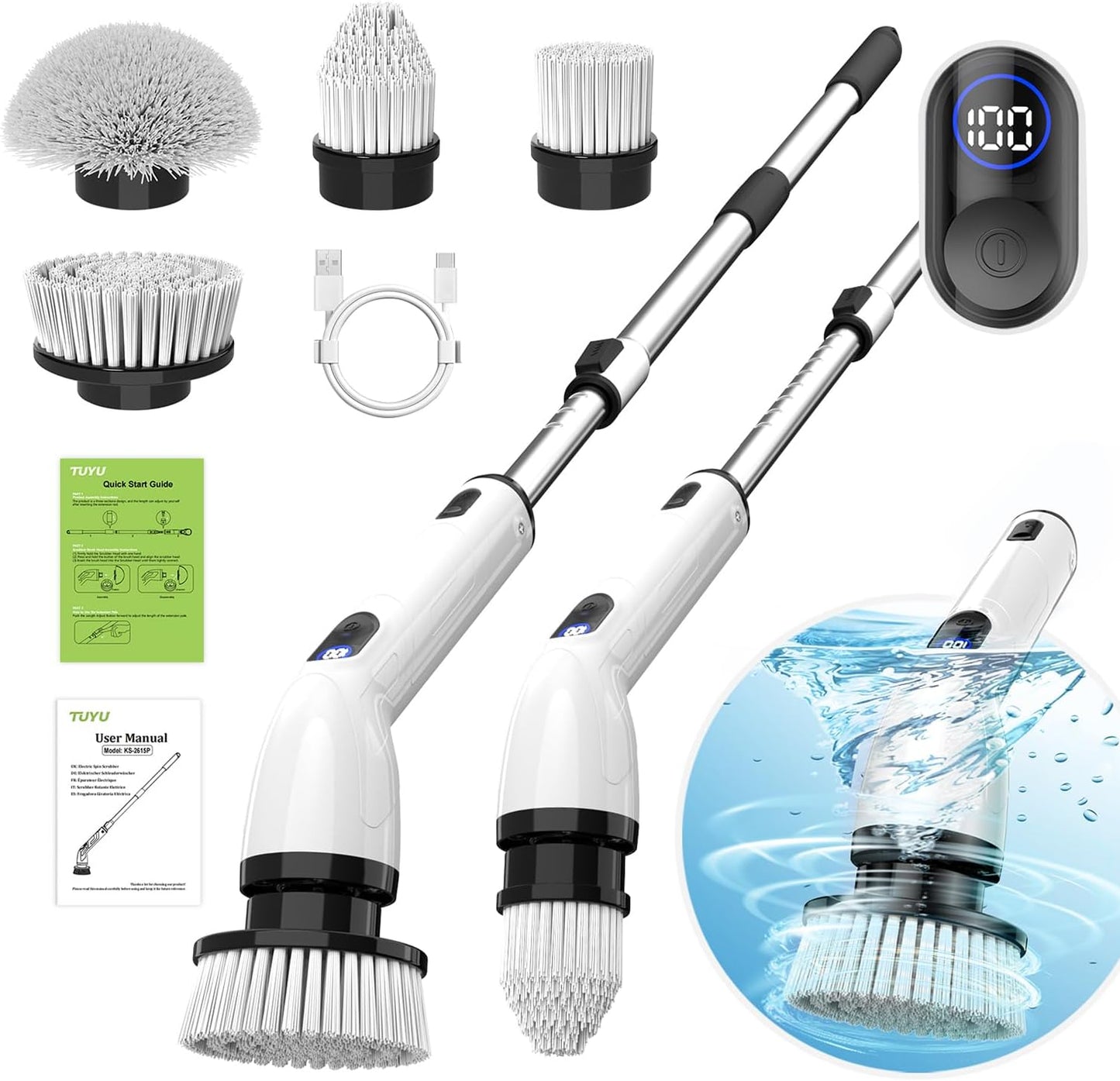 TUYU Electric Spin Scrubber - Cordless IPX7 Waterproof Bathroom Cleaner with Adjustable Handle | Powerful LCD Display