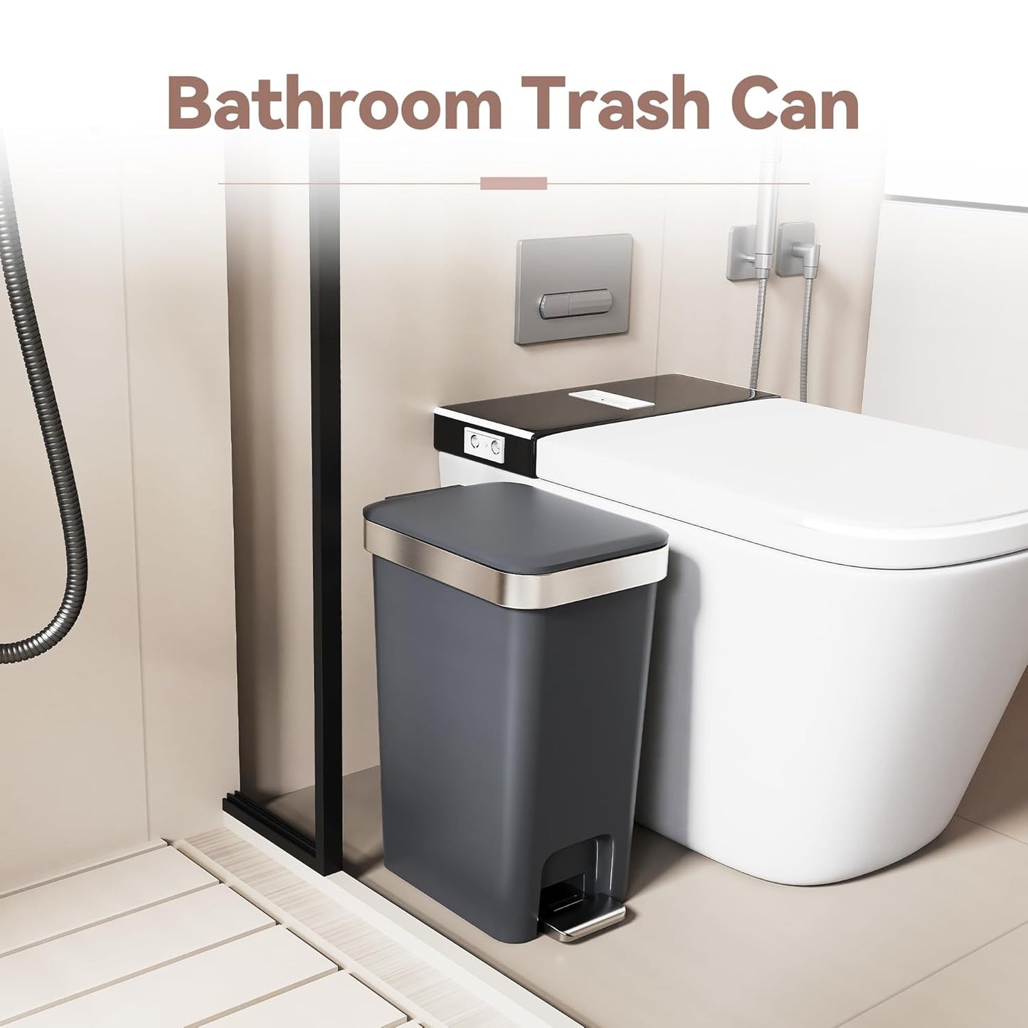 Skiennix Small Bathroom Trash Can - Soft Close Lid, 10L Slim Metal Waste Basket | Dark Gray