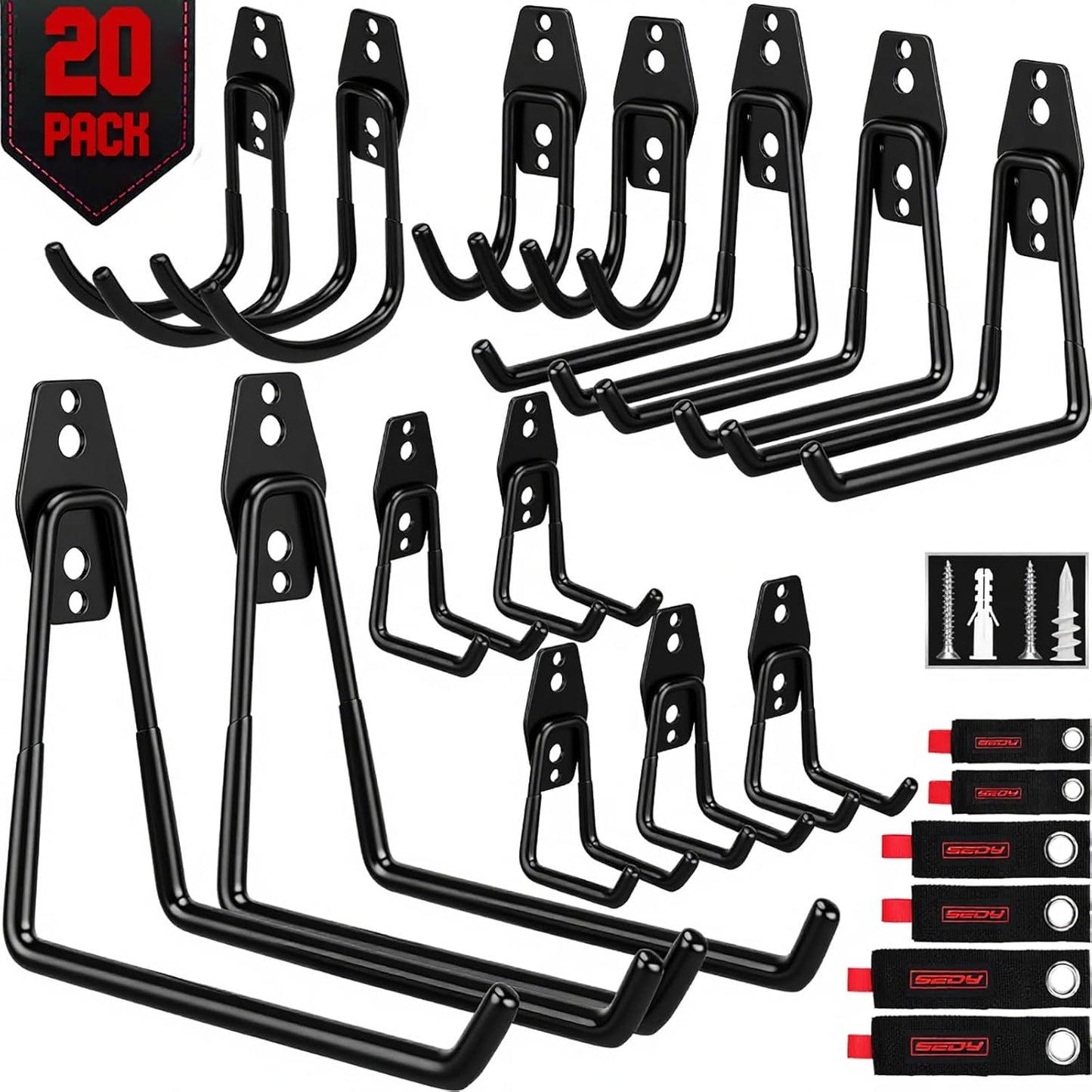 Skiennix Heavy Duty Garage Storage Hooks - Solid Steel Wall Mount Set with Anti-Slip Coating | 20 Pack for Ladders, Bikes, and Tools