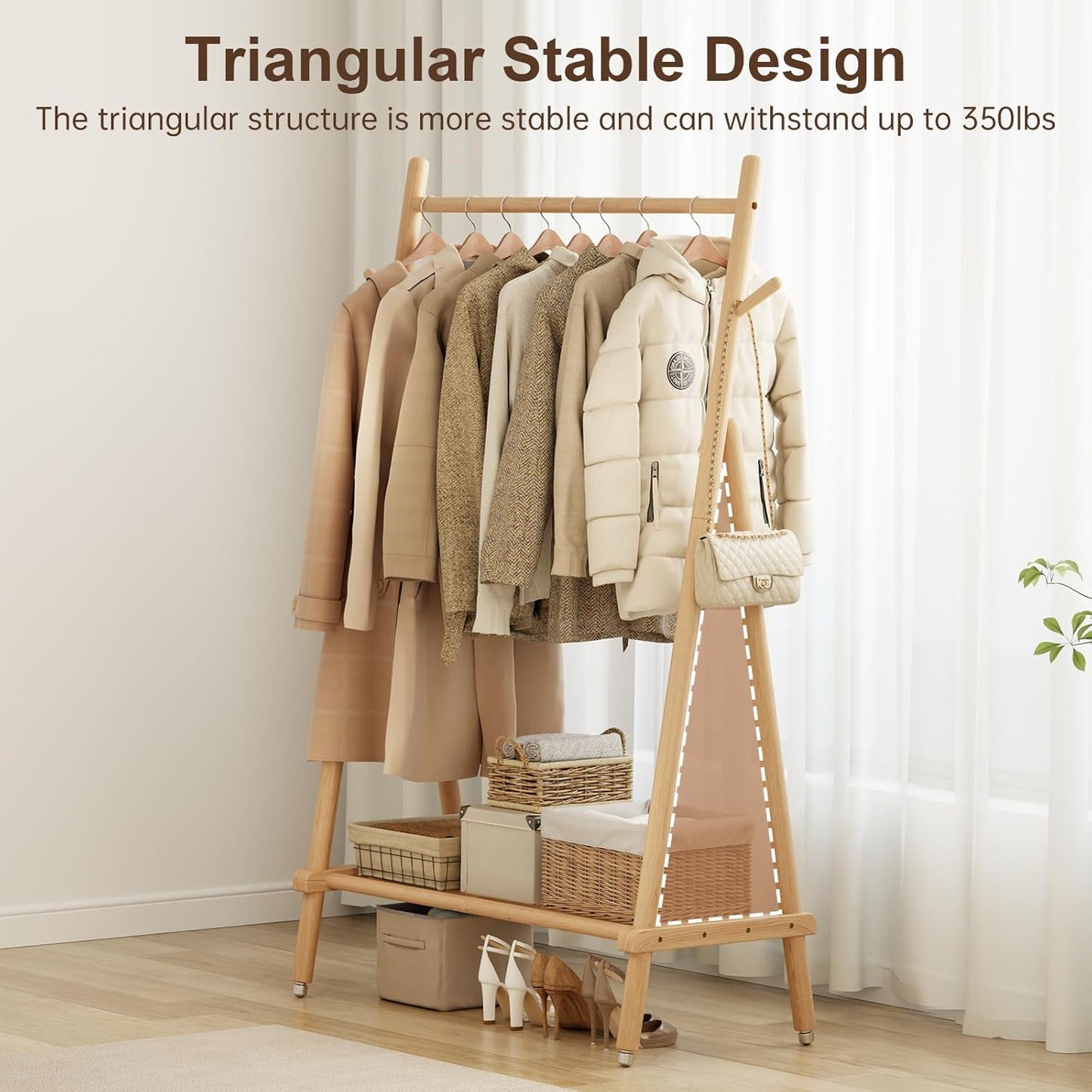 Muwuele Solid Wood Clothing Rack - Rolling Garment Rack with Shelves | Portable Closet Organizer (Natural)