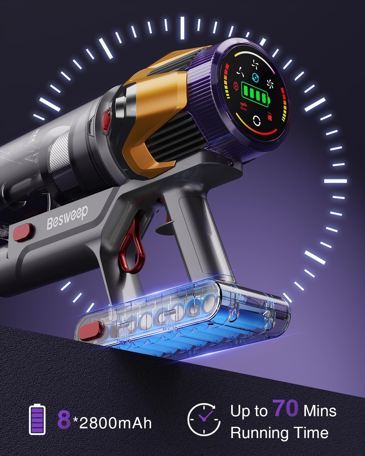 Skiennix Cordless Vacuum Cleaner - 55Kpa Suction Power, 70-Minute Runtime, Touch Screen | Self-Standing Design for Home & Pet Hair