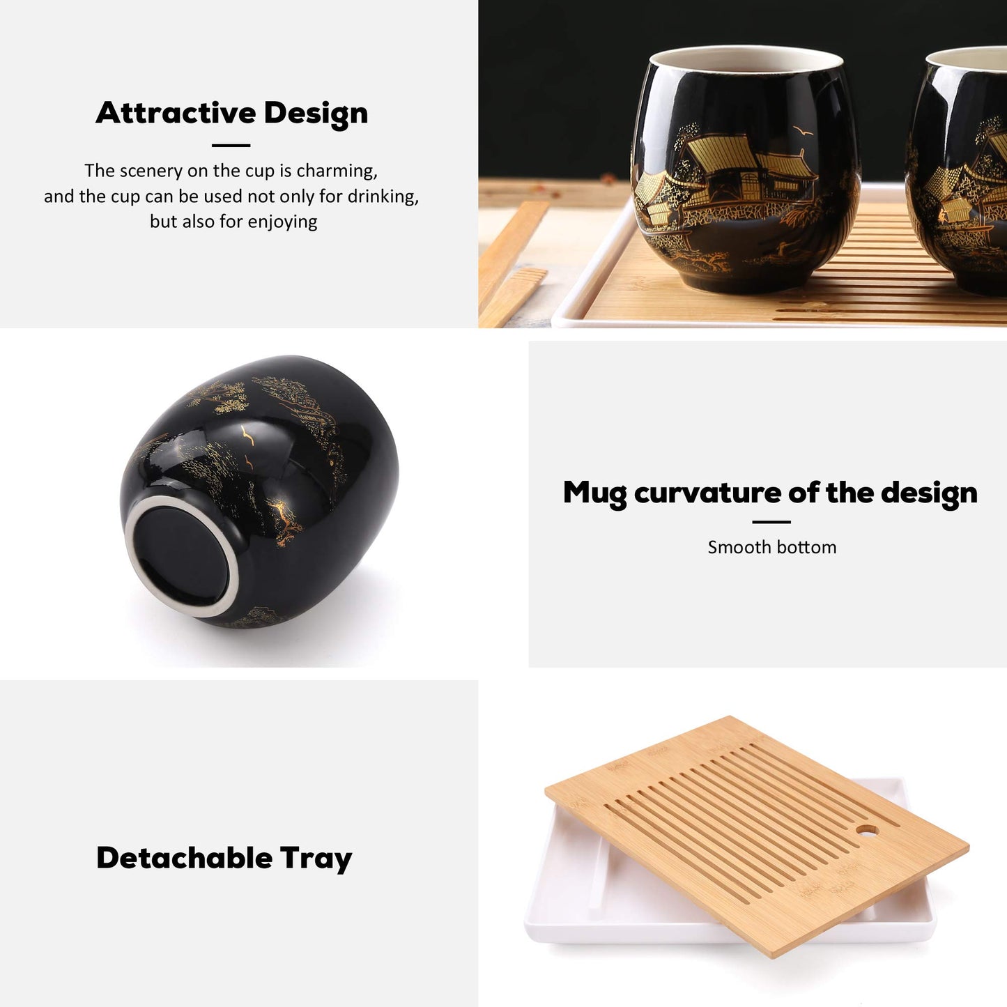 Dujust Japanese Tea Set, Black Porcelain Tea Set with 1 Teapot Set, 6 Tea Cups, 1 Tea Tray, 1 Stainless Infuser, Beautiful Asian Tea Sets for Adults, Tea Lover/Women/Men (Countryside in Golden)