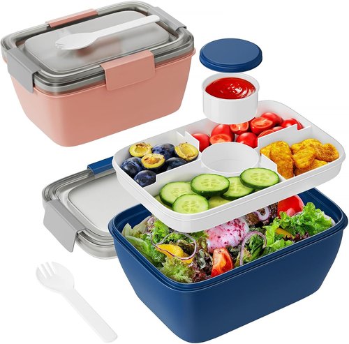 Freshmage Large Salad Container - 68oz Bowls with 5 Compartments for Lunch | Pink & Blue (2-Pack)