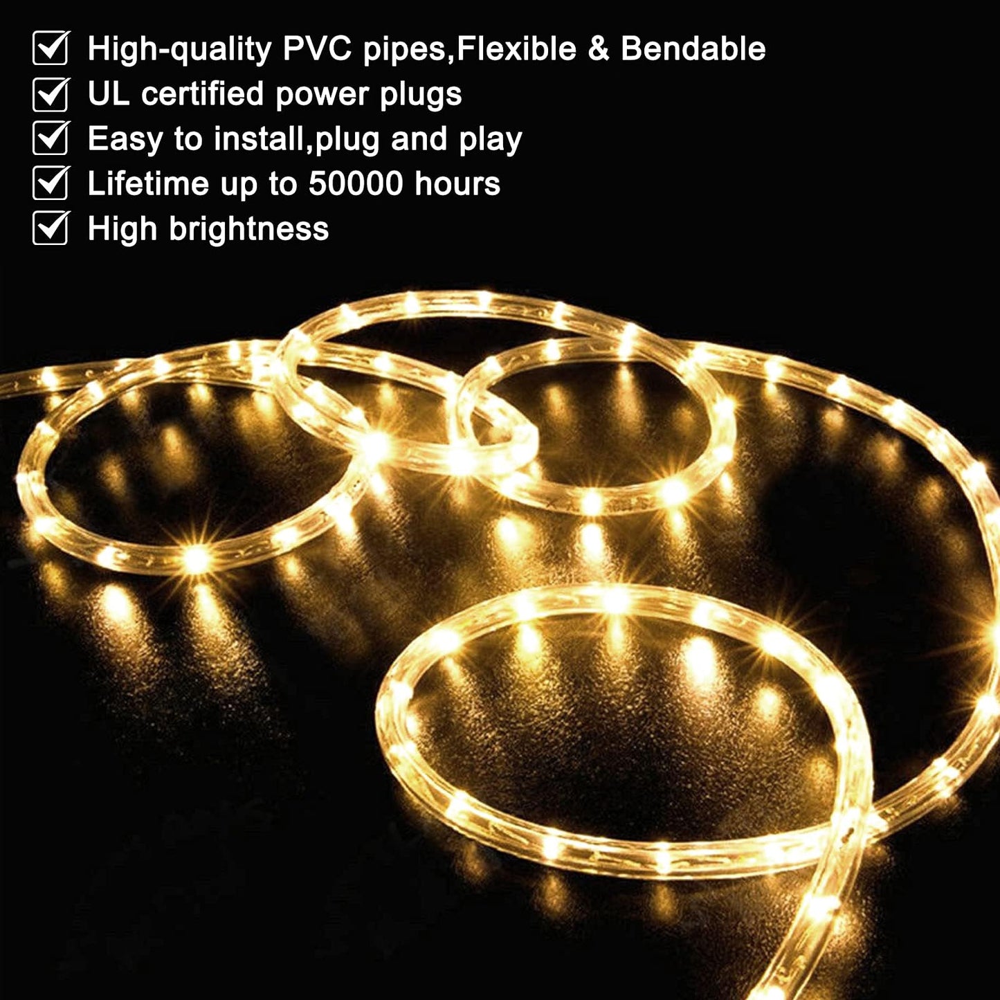 SURNIE LED Rope Lights Outdoor Warm White, Waterproof 100FT Cuttable 3000K Soft Lighting Indoor 110V Connectable Flexible Clear Tube for Bedroom Outside Garden Deck Patio Camping Decor, Not Flat Strip