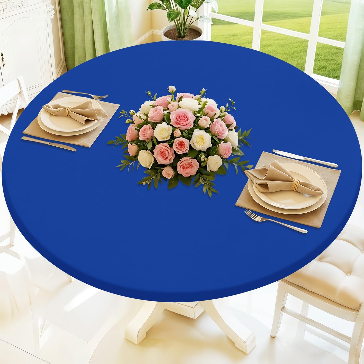 Moosfor Round Spandex Tablecloth, Elastic Fitted Waterproof Tablecloths for 25"-30" Tables, Stretch Washable Picnic Table Cover for Camping, Dining, Indoor and Outdoor, Blue