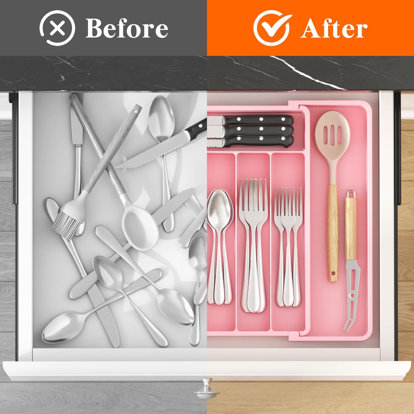 Lifewit Silverware Drawer Organizer, Expandable Utensil Tray for Kitchen, BPA Free Flatware and Cutlery Holder, Adjustable Plastic Storage for Spoons Forks Knives, 10.9"-17.5" x 13.7", Pink