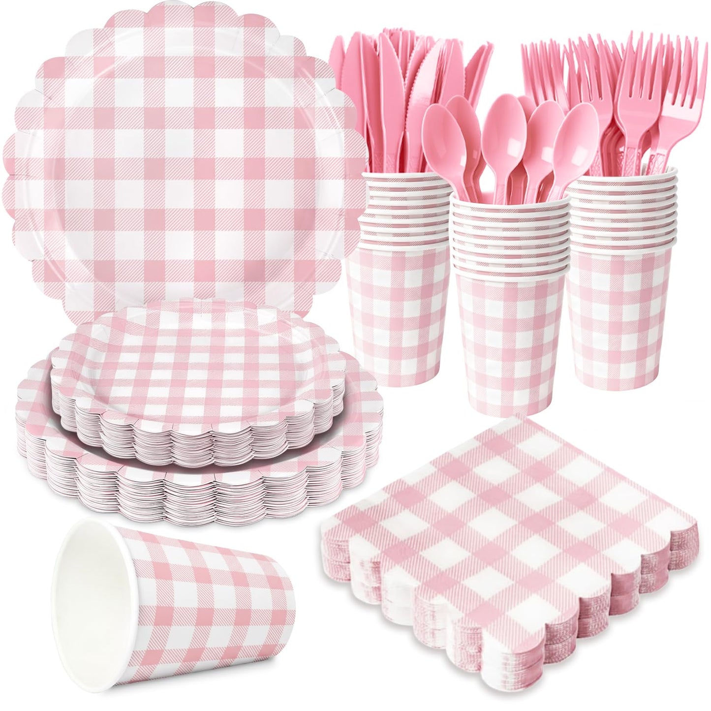 175 PCS Pink Gingham Party Supplies Includes Pink Gingham Paper Plates, Cups, Napkins, Cutlery for Baby & Bridal Shower, Wedding, Birthday Party, Outdoor Picnic, Serves 25