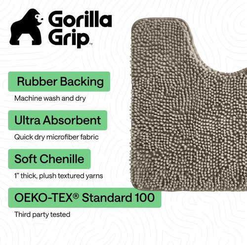 Gorilla Grip Shaggy Chenille Bath Rug Mat - Plush Absorbent U-Shape Toilet Mat, 22" x 19" x 15", Latte