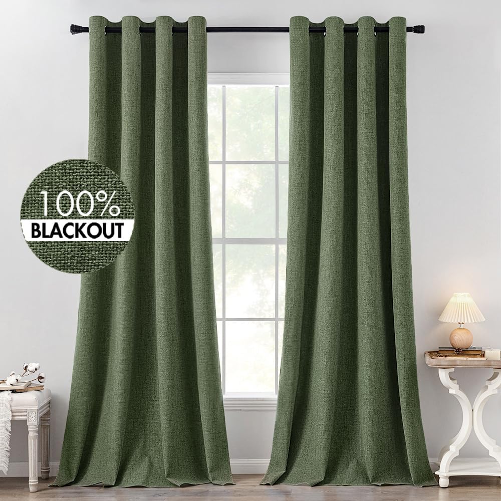 MIULEE 100% Blackout Linen Textured Curtains - Olive Green Thermal Insulated Drapes | 52 x 120 Inch (2 Panels)
