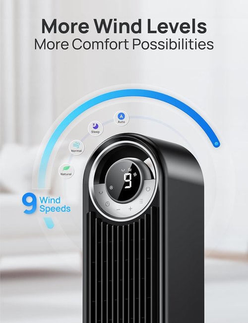 DREO Tower Fan - 90° Oscillating Standing Floor Fan with 28ft/s Velocity & 25dB Quiet Operation | 9 Speeds, 4 Modes, 12H Timer, Voice & App Control
