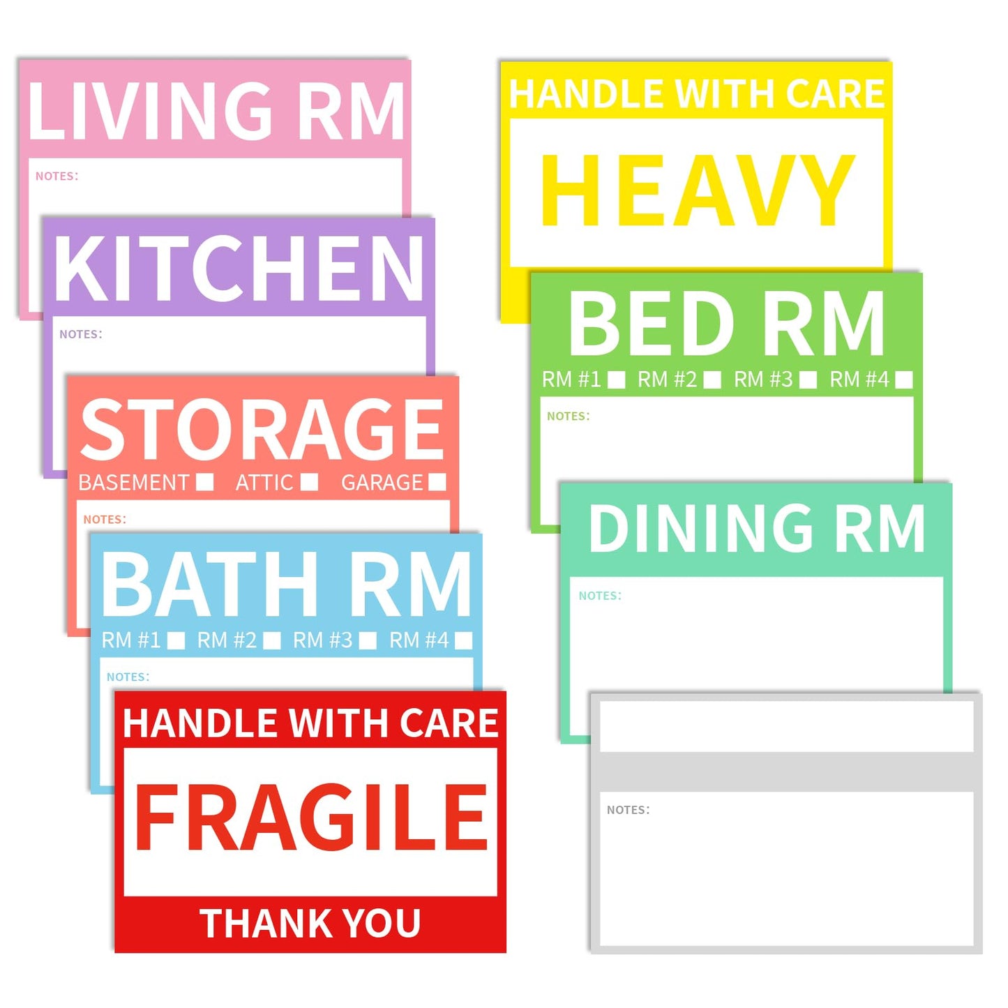 Ououstate 300 Count 2” x 3’’ Removable Home Moving Box Packing Labels for 1/2/3/4 Bedroom Rooms, 9 Designs Waterproof Color-Coded Moving Stickers Including Fragile 、Heavy and Blank Labels