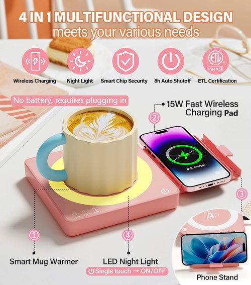Coffee Mug Warmer for Desk with 15W Wireless Charging Pad, Electric Cup Warmer 3 Temp Settings, Smart Candle Heat Plate, Home Office & Coffee Lover Gifts for Women, Mom, Her - Pink