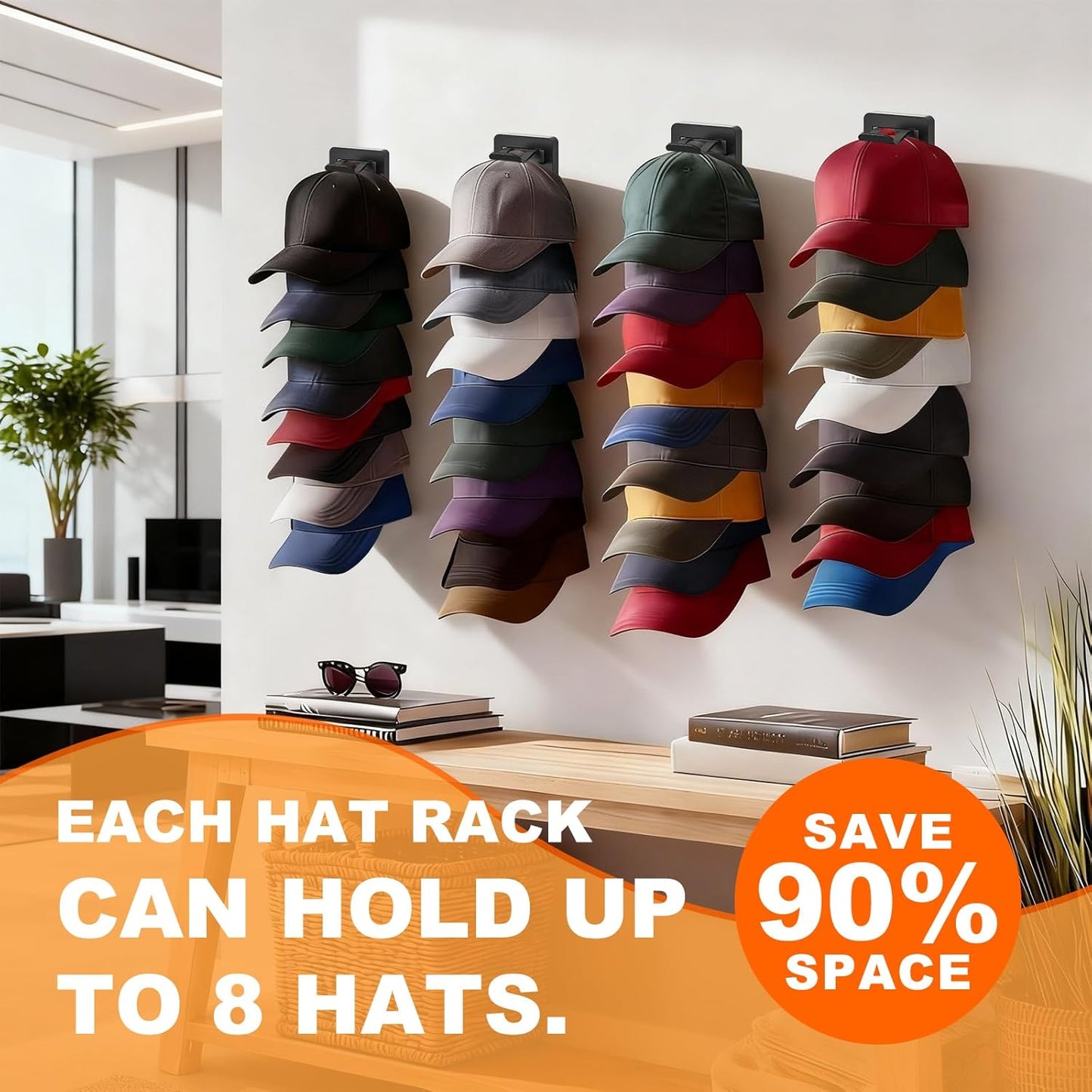 Skiennix Hat Organizer | 2-Pack Baseball Cap Rack with Strong Adhesive & Screw-in Holders for Closet & Bedroom