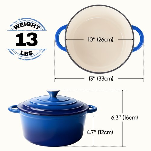 6 Quart Dutch Oven Pot with Lid, Non Stick Enameled Cast Iron Dutch Oven for Bread Baking, Heavy-Duty, Oven Safe Ceramic Cookware Up to 500°F for Baking, Braising, Stews, Roasting, Blue