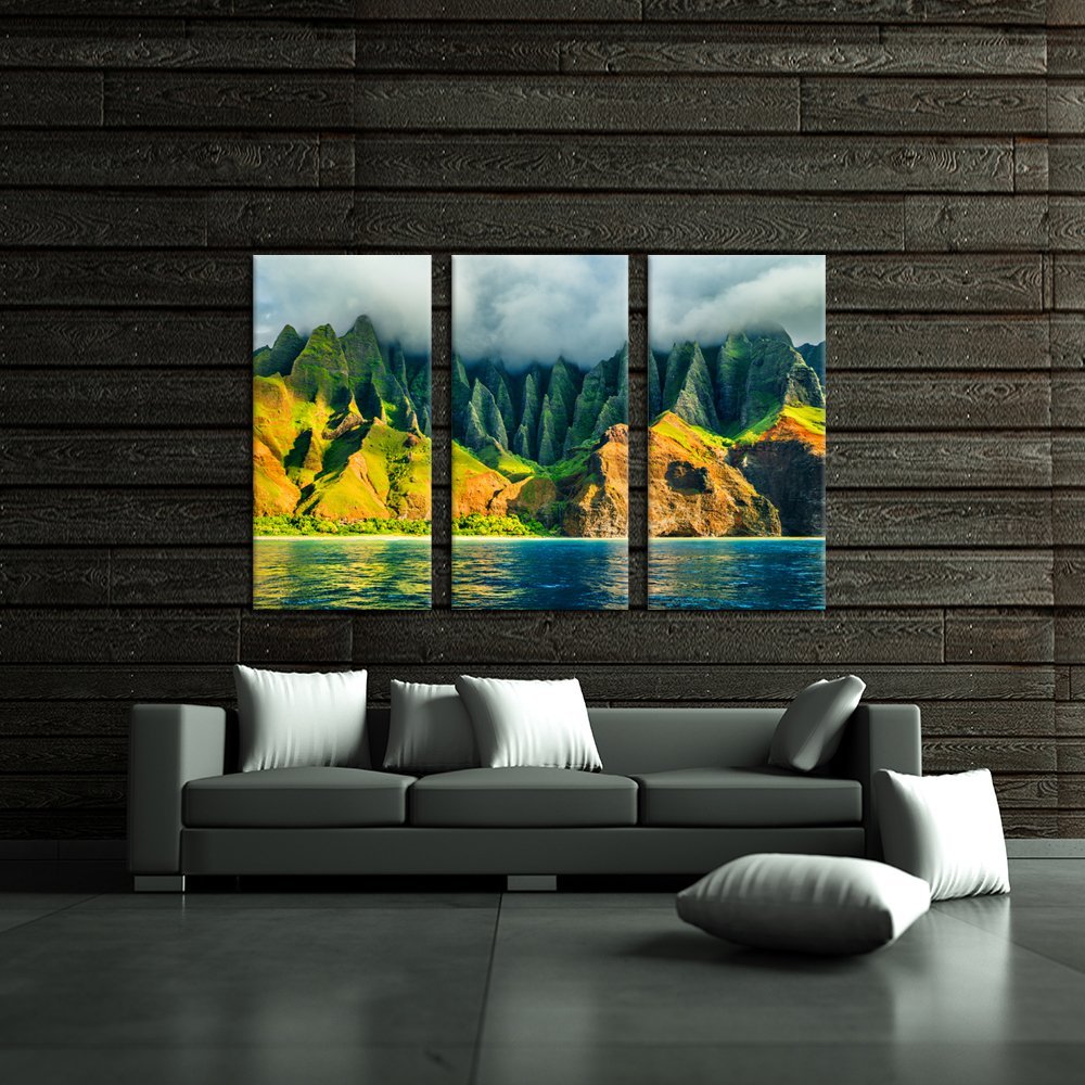iKNOW FOTO Large 3 Panel Canvas Wall Art Na Pali coast Kauai Hawaii Sea Sunset Cruise Tour Pictures Prints Nature Coastline Landscape Travel Photography Framed Artwork for Home Decor 16x32inchx3pcs