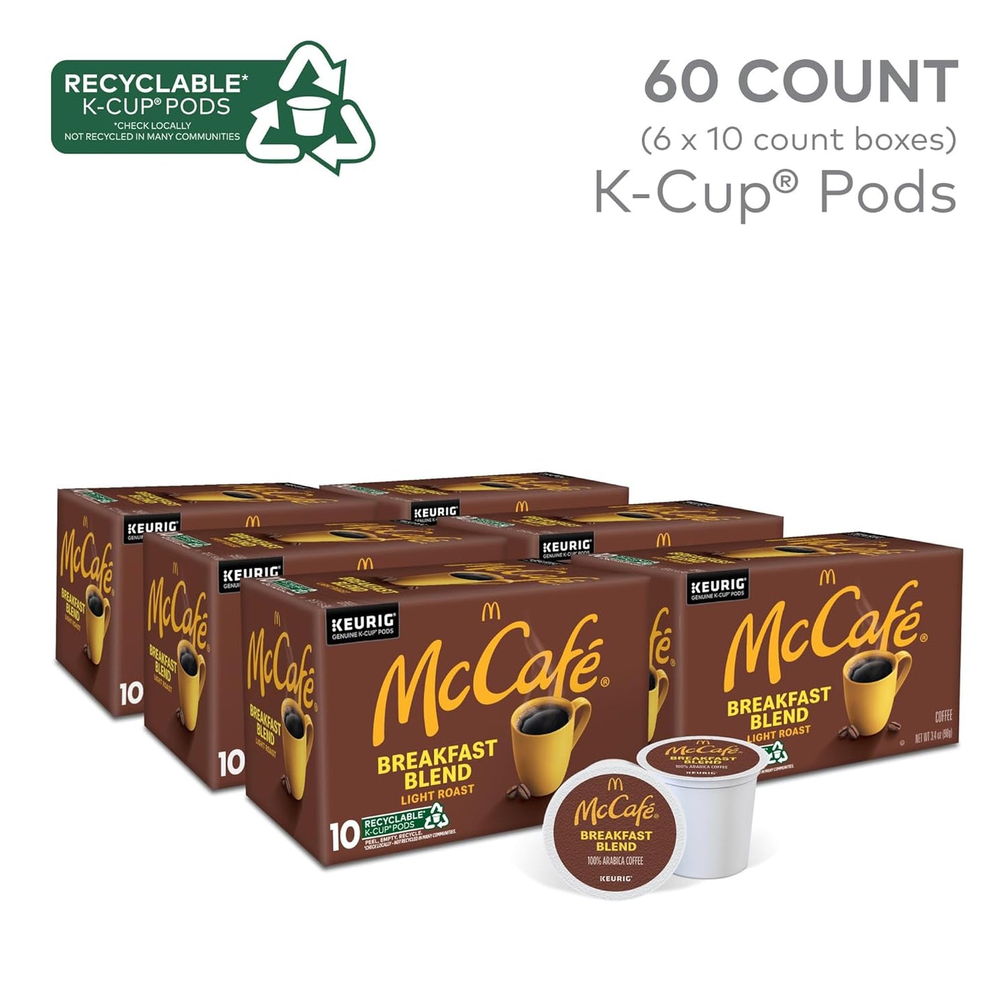 McCafe Breakfast Blend Coffee | Light Roast Single Serve K-Cup Pods | 60 Count (6 Packs of 10)