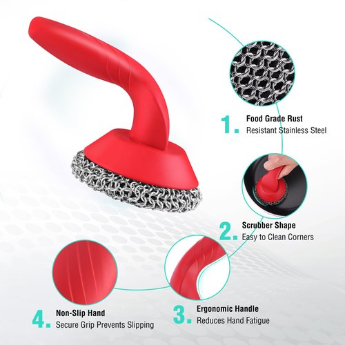 HAUSHOF Cast Iron Scrubber with Long Handle, Chainmail Scrubber Cast Iron Cleaner for Pan, Kitchen Cleaning Kit for Grill, Dutch, Oven