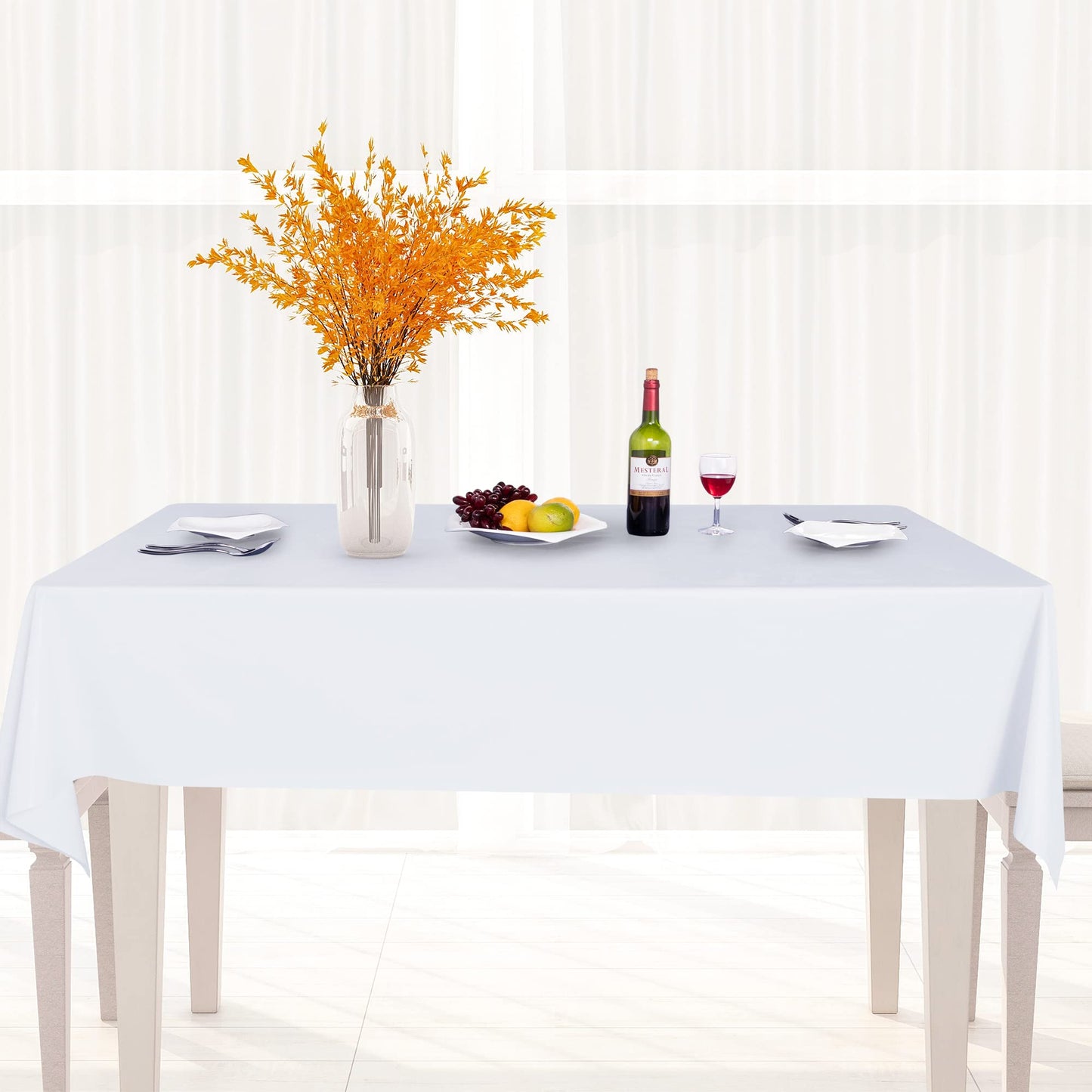 sancua 100% Waterproof Rectangle PVC Tablecloth - 54 x 140 Inch - Oil Proof Spill Proof Vinyl Table Cloth, Wipe Clean Table Cover for Dining Tables, Buffet Parties and Camping, White