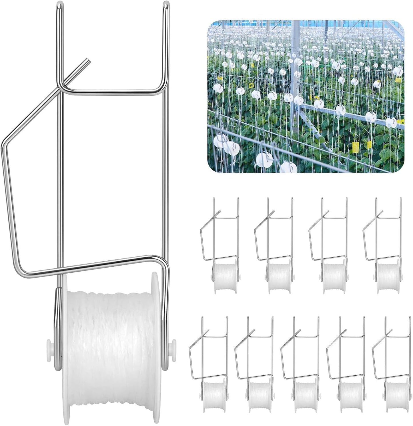 Skiennix Tomato Roller Hooks - 10 Pack with 49.2FT String for Greenhouse & Plant Support