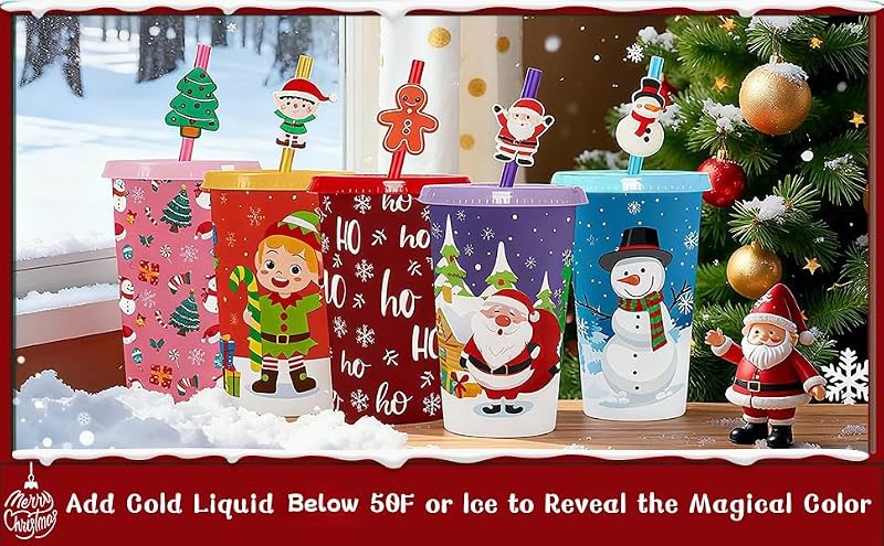 Jansun 12Pcs Christmas Color Changing Cups with Lids & Straws - Holiday Tumbler Set