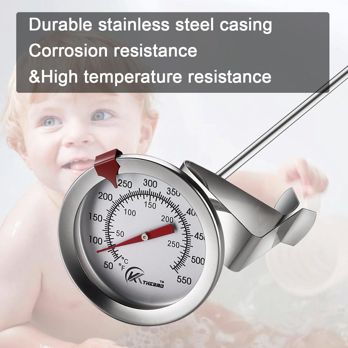 KT THERMO Candy & Deep Fry Thermometer - Instant Read Dial with 12" Stainless Steel Stem | Ideal for Turkey & BBQ Cooking