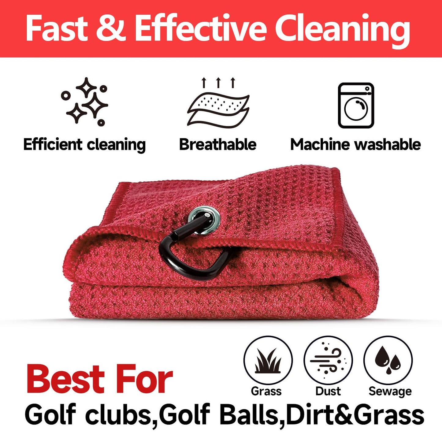 Solvora 3 Pack Golf Towels - 16"x24" Tri-Fold Waffle Microfiber Golf Towel for Golf Bag/Golf Cart, Heavy-Duty Carabiner & Ultra Absorbent Fabric to Wipe Sand, Mud & Sweat (Black/Grey/Red)