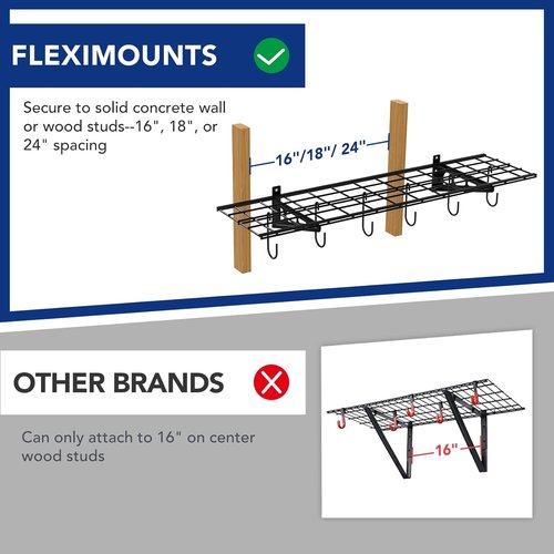FLEXIMOUNTS Garage Wall Shelving - 1x4 Ft Storage Rack with 6 Bike Hooks | 150 lbs Capacity