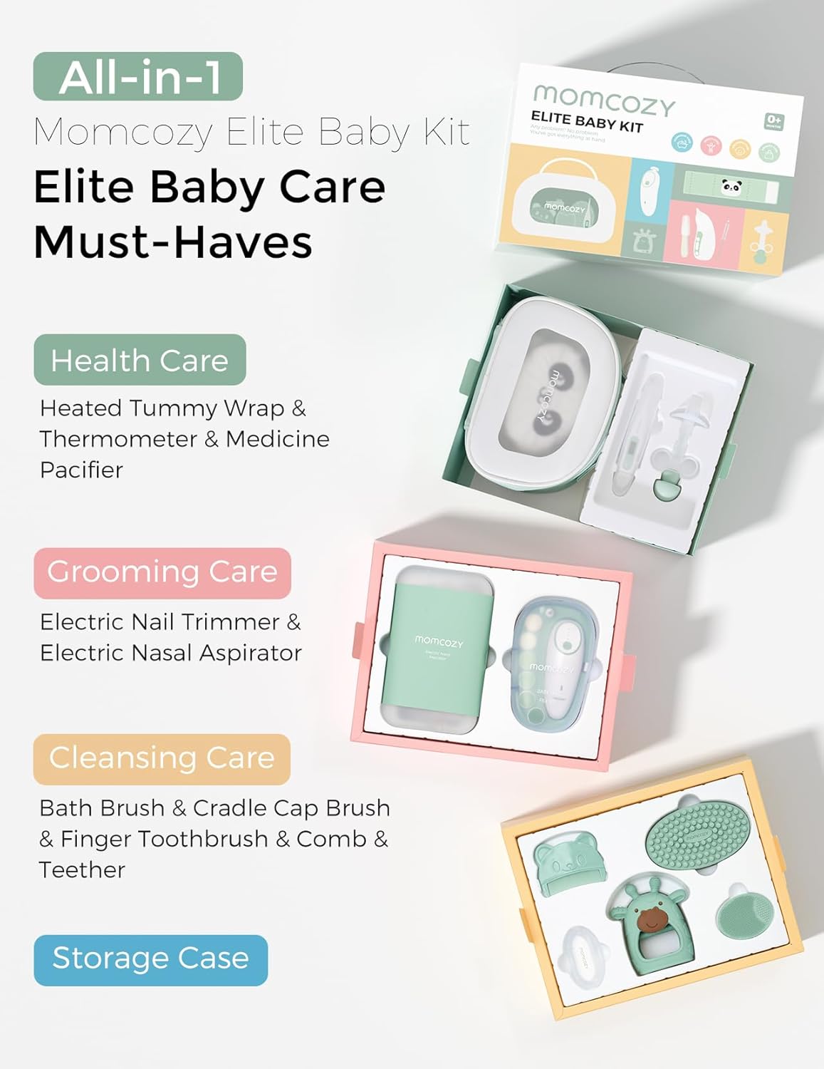 Momcozy Elite Baby Kit - Essential Grooming & Health Care Set | Electric Nail File, Nasal Aspirator, Tummy Wrap, Thermometer, Bath Brush, Teether, Storage Bag