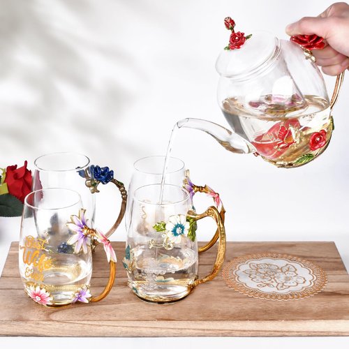 Enamel Glass Flower Tea Pot With Removable Loose Tea Leaf Infuser Tea Maker Teapot Set 30.4OZ Gifts for Women,Mom,Birthday