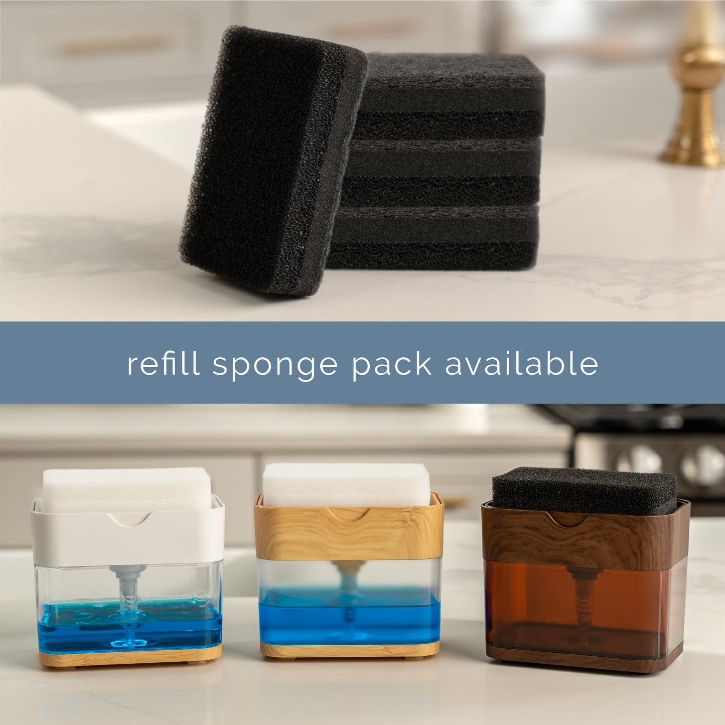 S&T INC. Dish Soap Dispenser and Sponge Holder for Kitchen Sink, Waterproof Labels and Sponge Included, 13 Ounces, Plastic, Walnut and Amber