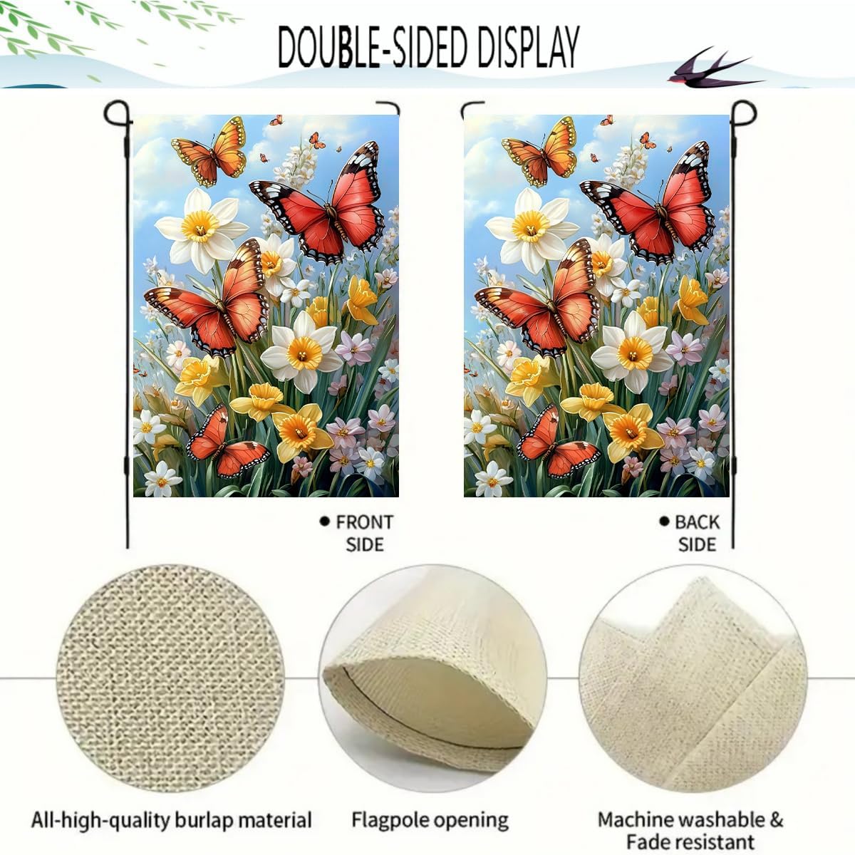 Spring Summer Garden Flag - 12x18 Double-Sided Burlap with Butterfly & Flowers | Outdoor Lawn Decor