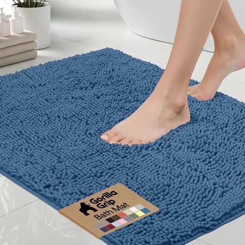 GORILLA GRIP Bath Rug Mat - Soft Absorbent Chenille | Quick Dry Microfiber, Rubber Backing, 24x17, Blue