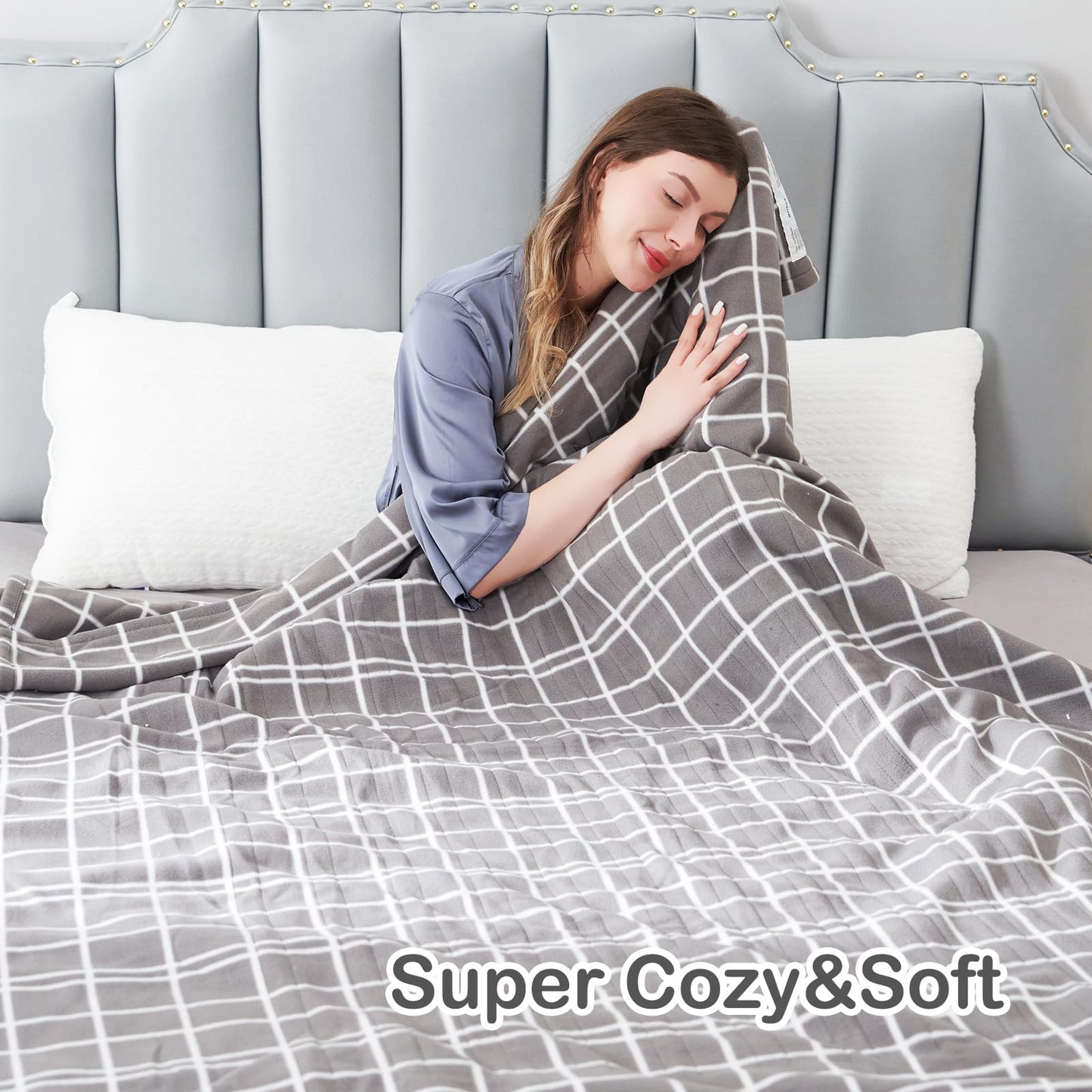 Eydna Electric Heated Blanket Queen Size 84"x90", Soft Fleece with 10 Hours Auto-Off & 4 Heating Levels, Dual Control and Machine Washable, LightGray Plaid