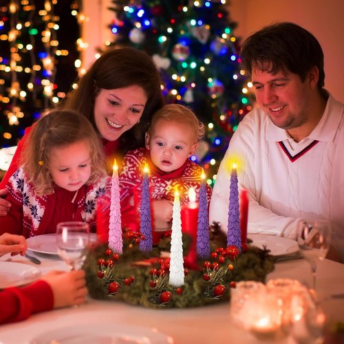 Baquler Flameless Advent Candles Set - 5 Pcs 10-Inch LED Taper Candles with Remote Timer | Purple, Pink, White