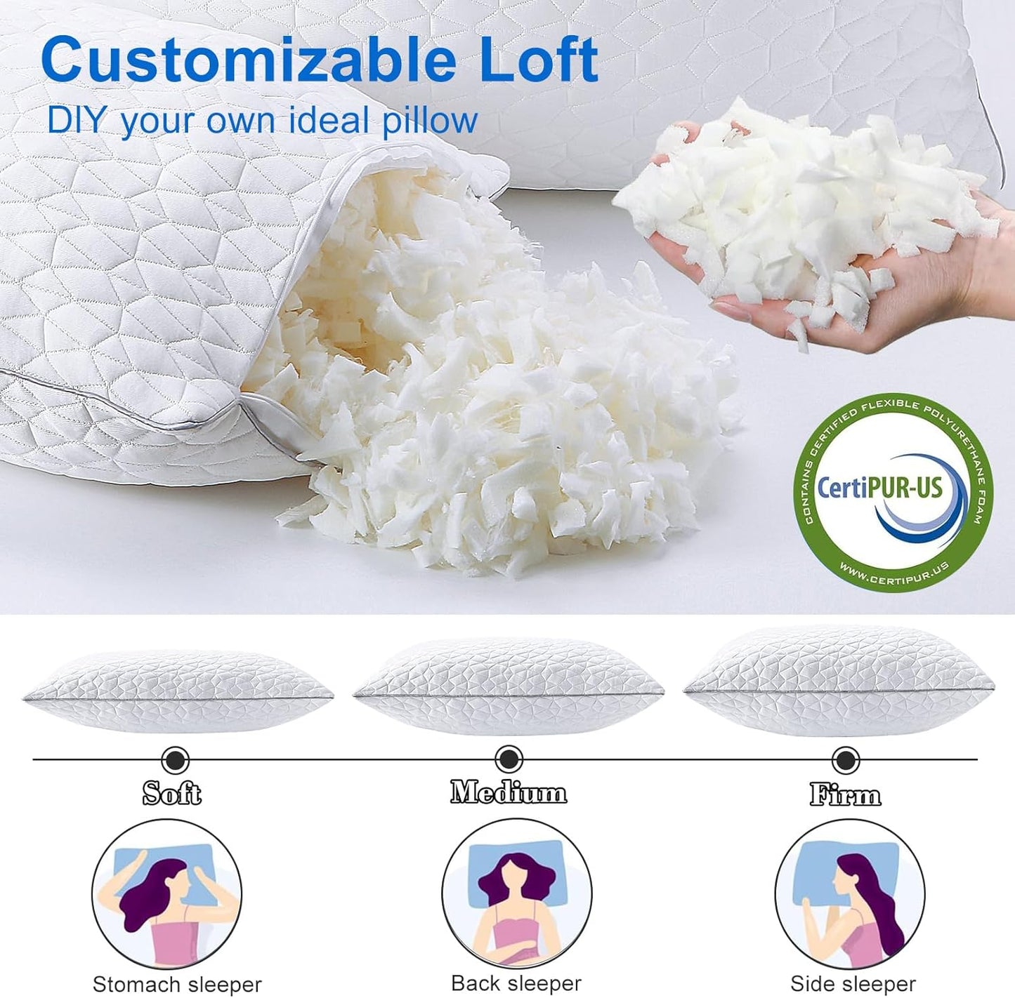 Skiennix Cooling Pillows - Adjustable Shredded Memory Foam Set of 2 | Queen Size 20" x 30", White