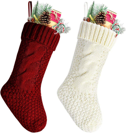 Burgundy & Ivory Knit Christmas Stockings - 14" - Set of 2 Holiday Decor