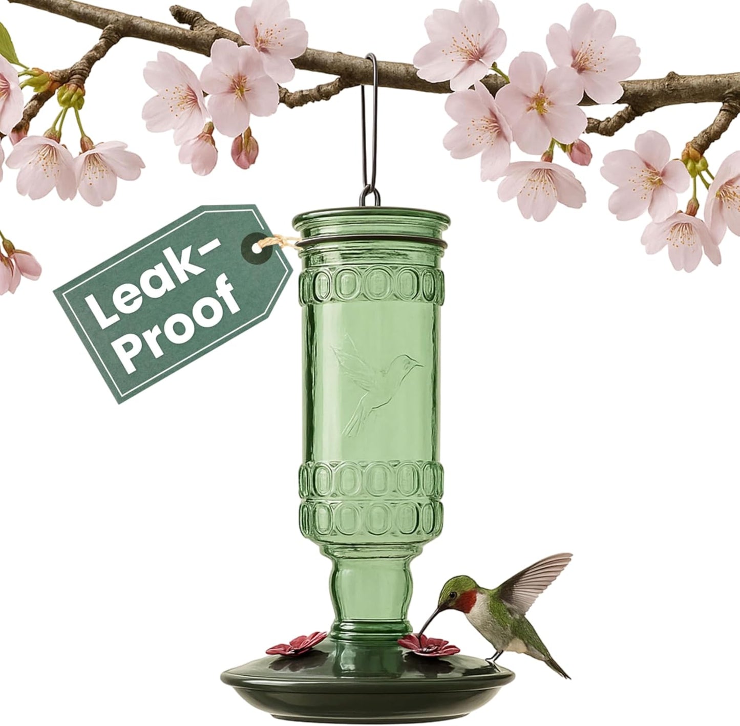 Perky-Pet Hummingbird Feeder - Durable Glass Bottle with 10 Fl Oz Nectar Capacity | Antique Green Design for Outdoor Garden Decor